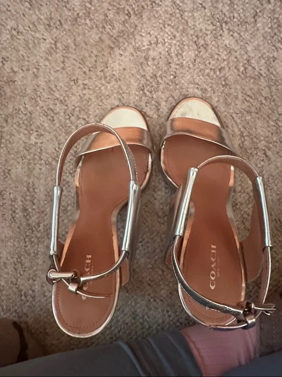 Coach Metallic Silver Leather Block Heel Sandals heel approximately 5” - Picture 8 of 12